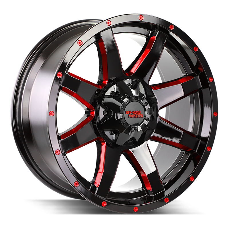 OFF ROAD MONSTER M08 GLOSS BLACK MILLED RED ANGLE HIGH RES 20X9