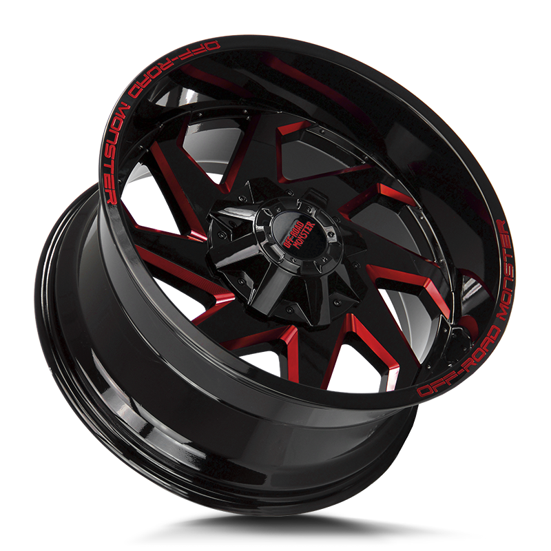 The M09 Wheel by Off Road Monster in Gloss Black Candy Red Milled