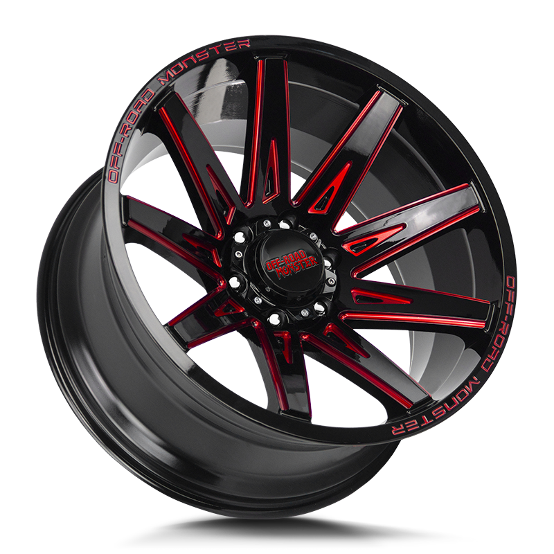 The M25 Wheel by Off Road Monster in Gloss Black Candy Red Milled